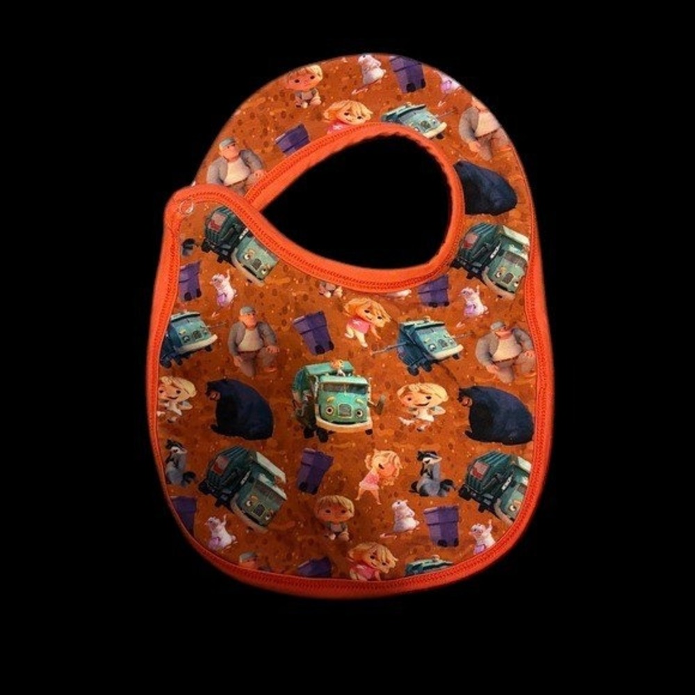 Handmade Trash Truck Animated Series Character Print Bib Orange Snap Closure